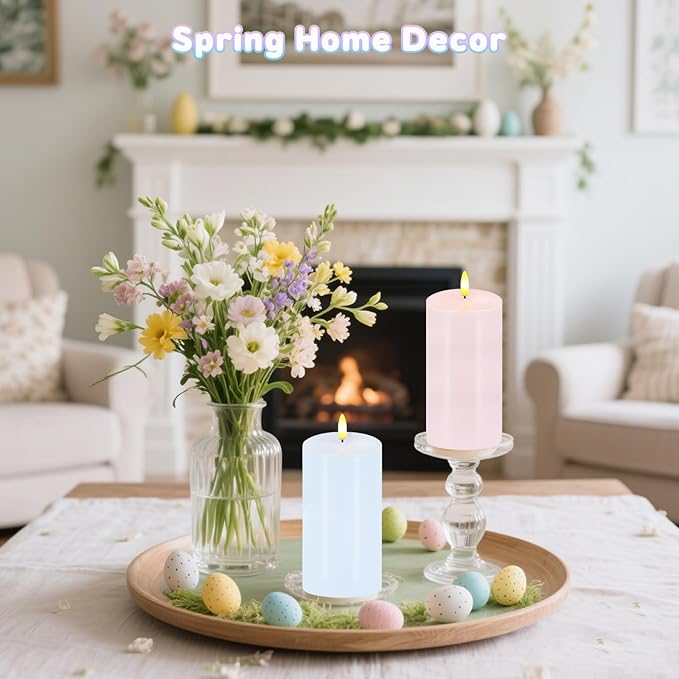 Pastel Flameless Candles, Set of 2 6"x3" Flickering Spring LED Candles with Remote & Timer, Dimmable Real Wax Easter Pillar Candles Battery Operated, Electric Candles for Home Spring Easter Decor