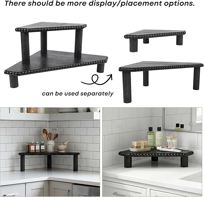 2-Tier Rustic Corner Shelf for Kitchen Counter,Wood Beaded Farmhouse Countertop Organizer with Removable Feet, Stackable Bathroom Vanity & Coffee Bar Decorative Riser Stand(Rustic Black)