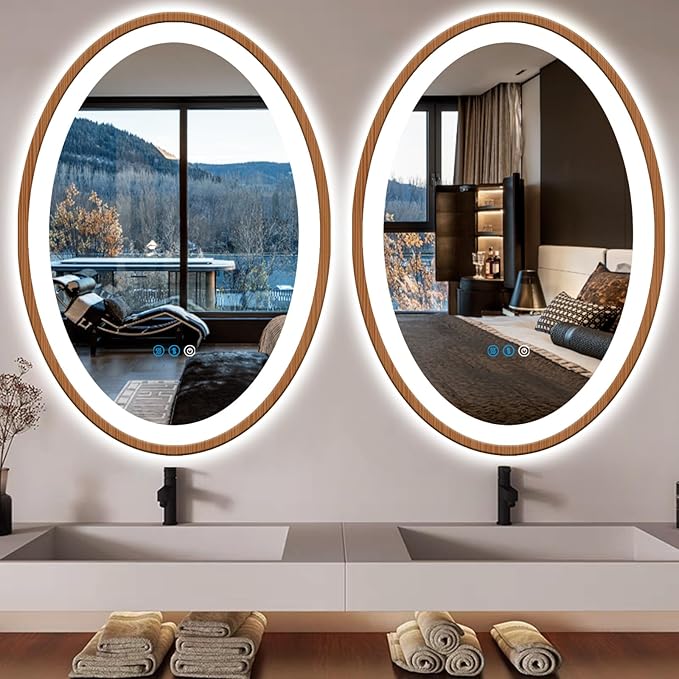 24 x 36 Inch Wood Frame LED Oval Mirror with Lights Smart Memory 3 Color Dimmable Frontlight AntiFog Wooden Grain Design 36 Inch Wood Oval Lighted Vanity Mirror for Bathroom Salon Wall Mounted