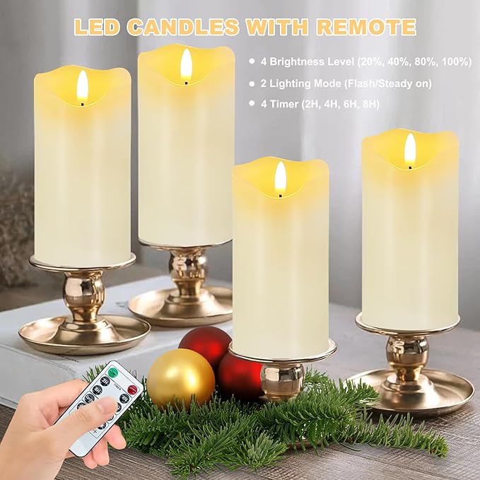 VEEKI Flameless Candles Light, Set of 2 6"x3" Flickering LED Candles with Remote & Timer, Dimmable Real Wax Electric Pillar Candles Battery Operated, White Candles for Home Christmas Decor (White)