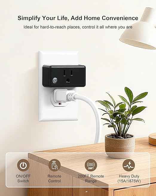 Remote Control Outlet Plug, 200FT Long Range Wireless Light Switch, Compact Design, 15A/1875W High-Power for Lamps, Lights, Household Appliances, FCC & ETL Listed