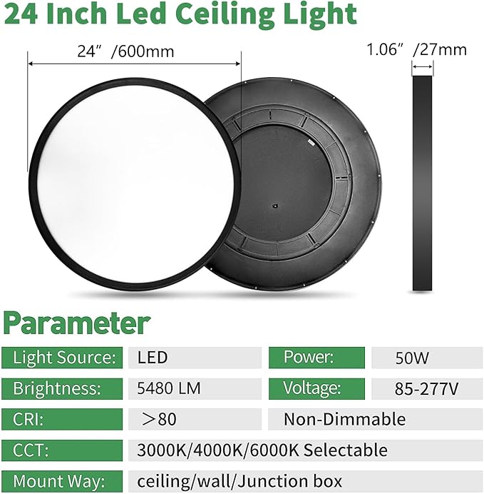 24 Inch Large LED Flush Mount Ceiling Light, 50W,5480LM, 3000K/4000K/6000K CCT Selectable, Black Round Flat Panel Low Profile Ceiling Light Fixtures for Hallway, Kitchen, Bedroom, Laundry Room