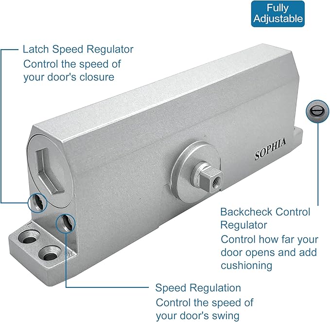 SOPHIA Commercial Door Closer Grade 2, Automatic Door Closer DK700, Hydraulic Auto for Home & Light Commercial Property (Size 3), ADA & UL, Silver Aluminum