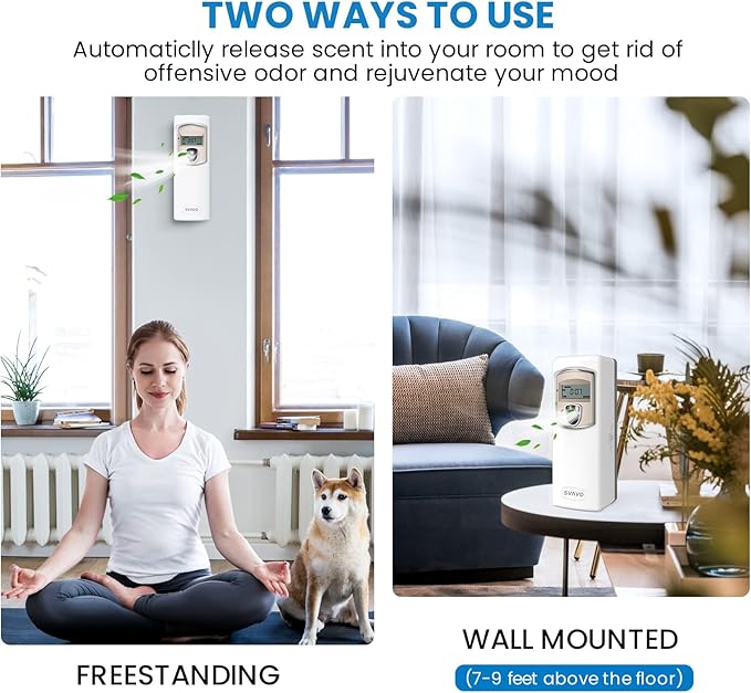 SVAVO Automatic LCD Fragrance Dispenser - Wall Mount/Free Standing ABS Auto Air Freshener Dispenser Programmable Aerosol Spray Perfume Dispenser for Bathroom, Hotel, Office, Commercial Place, White