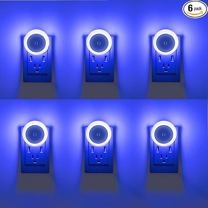 KINUR 6 Pack Blue, LED Night Lights Plug into Wall with Dusk to Dawn sensors, Plug in Night Lights for Kids Room, Bedroom, Bathroom, Baby Nursery,Stair Lights, Hallway Light