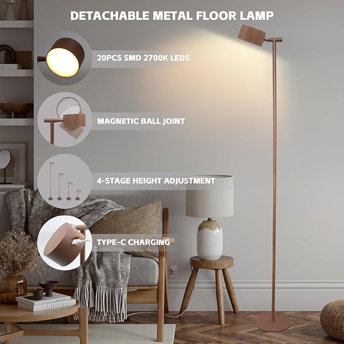 4-in-1 LED Floor Lamp with Detachable Magnetic Head - Adjustable Height Standing Lamp & Table Lamp, Portable Night Light for Bedroom, Reading, Nursing, Non-Disturbing Sleep Aid(Taupe)