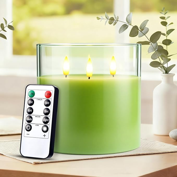 Retisee 6'' x 6'' Extra Large Flameless Candles, 3 Wick Glass Large Candles with Remote Control and Timer Function, Real Wax LED Pillar Flickering for St. Patrick's Spring Party Decor(Green,1 Pcs)