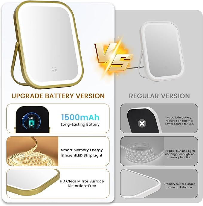 Rechargeable Travel Makeup Mirror, 8"×6" Small Vanity Mirror with Lights, 1500mAH Battery, 3-Color Lighting, Dimmable, 360° Rotation, Portable Desk Mirror with Storage Pouch, Travel Essentials (Gold)