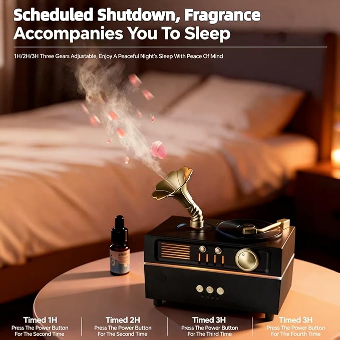 Daroma Essential Oil Diffuser, Retro Phonograph Design with Music Player, 7-Color LED Lights, Low-Noise Aromatherapy Humidifier for Home Office, Unique Gift Idea (Black)