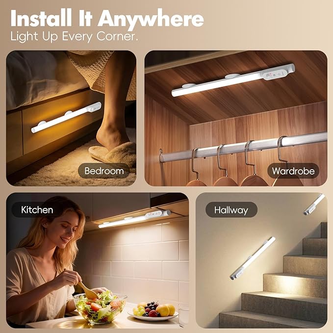 15.4" Motion Sensor Closet Lights, 180° Rotatable Under Cabinet Lighting Wireless, 180 Lumens Rechargeable Magnetic Indoor Light Bar, 3 Colors Dimmable for Wardrobe, Kitchen, Pantry (2 Pack)