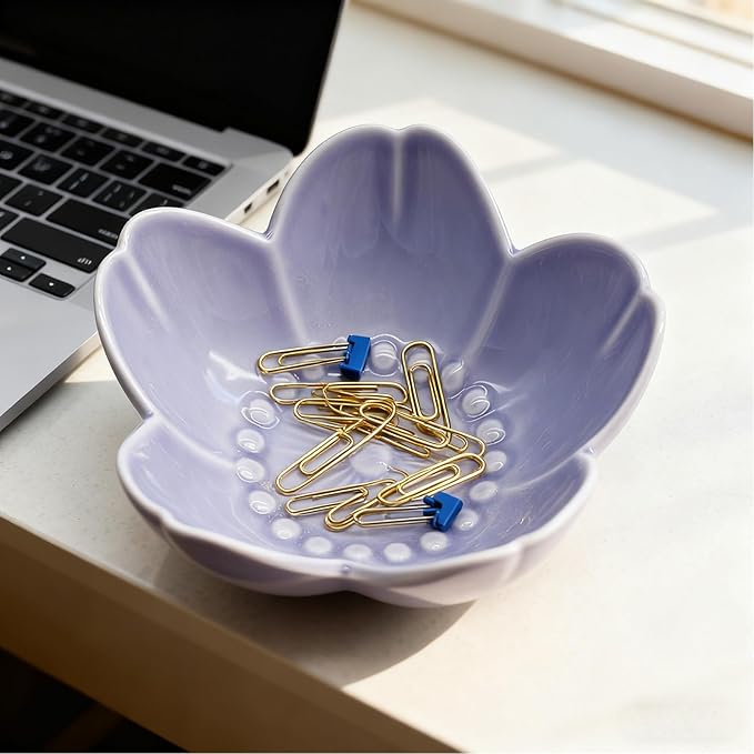 Purple Flower Ring Dish Jewelry Tray, Ceramic Jewelry Dish, Small Trinket Dish, Nightstand Bathroom Decor Ring Holder, Jewlery Plate Bowl for Christmas Friendship Birthday Gifts for Women Mom