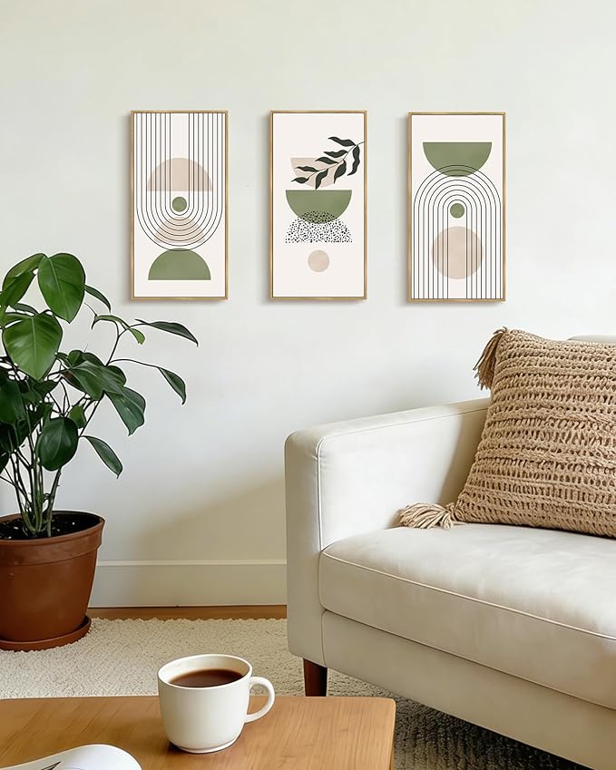 KUVIOKE Boho Wall Art Green Botanical Leaf Artwork Sage Framed Wall Decor for Bathroom 8x16in3pcs Natural Framed