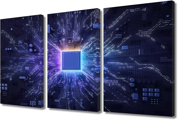 3 Panel Technology Science Artwork Canvas Wall Art Motherboard Digital Chip Posters and Prints Boys Bedroom CPU Concept Bathroom Decor Wall Art Print on Canvas Framed Ready to Hang (36"Wx24"H)