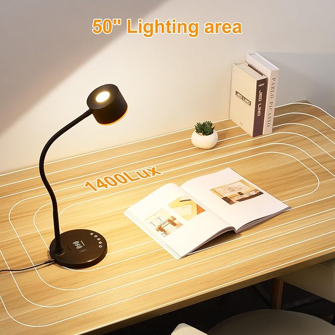 LED Desk Lamp with Wireless Charger, USB C + A Charging Ports, Eye-Caring Metal Bedside Lamp, 5 Colors Stepless Dimmable Reading Lamp, Touch Table Lamp Gooseneck Lamp for Home Office Dorm Black