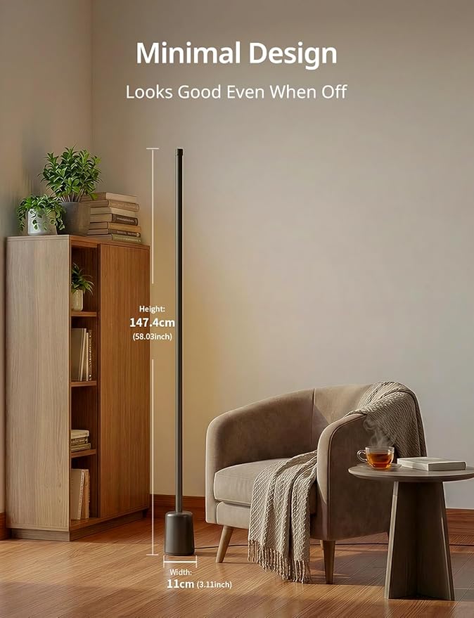 Ailofy Corner Floor Lamp, 1500lm RGBW LED Lamp, Alexa & Google Assistant Compatible, 16 Million DIY Colors, Music Sync, App Control, Modern Smart Floor Lamp for Living Room, Bedroom, Black