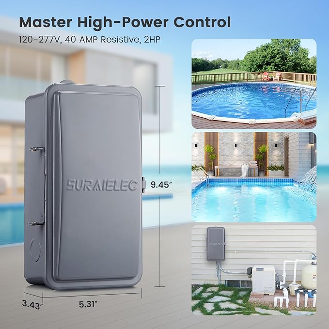Suraielec Pool Timer, 7-Day 24-Hour Digital Pool Pump Timer, 40 AMP Heavy Duty, 120/240/277 VAC, Outdoor Metal Casing, Electric Switch Box for Swimming Pump, Hot Water Heater, Spa, Lights