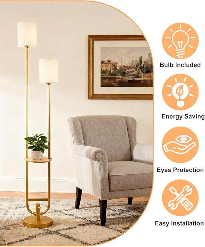 Lightdot 63Inch Floor Lamp with Table Dimmable Gold Floor Lamp for Living Room 2-Light Mid Century Modern Tall Standing Lamp with Fabric Shade for Bedroom/Sofa Beside/Corner Decor(Bulbs Included)