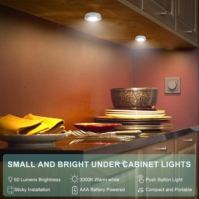 Wireless LED Puck Lights, Touch Activated Tap Ligh Push Light,Battery Operated Stick On Lights for Under Cabinet, Kitchen, Closet & Counters, 6-Pack,Silver (3 AAA Batteries Included)