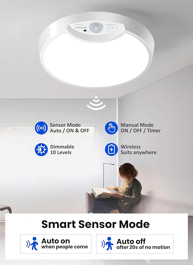 Homelist Rechargeable Ceiling Light Motion Sensored, Battery Operated Lights with Remote, Wireless Ceiling Light for Closet, Stairs, Shower, Bathroom, Bedroom, Hallway, Garage, Porch, Shed-2 Pack