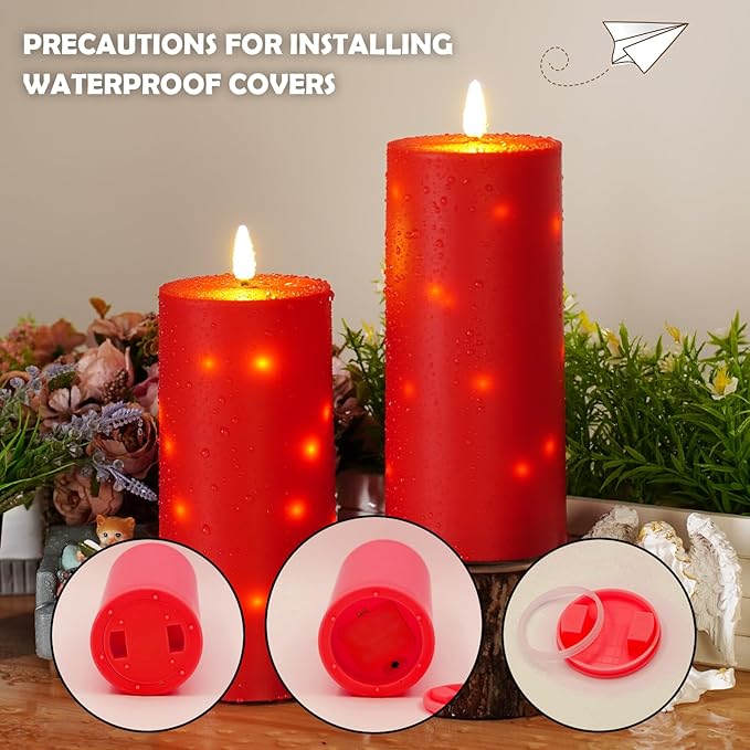 10" x 4" Large Outdoor Waterproof Flickering Flameless Candles with Timer,2Pcs Battery Operated LED Pillar Candles with Embedded Star String for Outdoor Lanterns,Porch,Patio Decor(red)