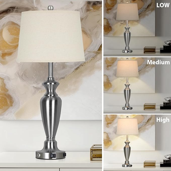 30" Tall Silver Table Lamps Set of 2 for Living Room, 3-Way Dimmable Touch Control Bedside Lamps for Bedroom Nightstand with USB A+C Ports & AC Outlet (2 LED Bulbs Included)