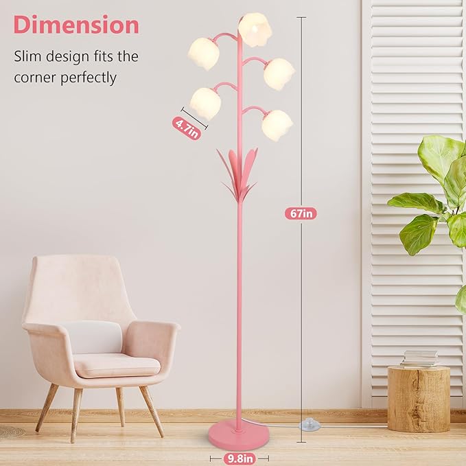 Pink Flower Floor Lamps for Living Room, Modern Floor Lamp with 5 LED Bulbs, Adjustable Standing Lamps for Bedroom Girls Room, Dresser, Kid's Room, Corner Tall Lamp Ambient Lighting for Home Decor
