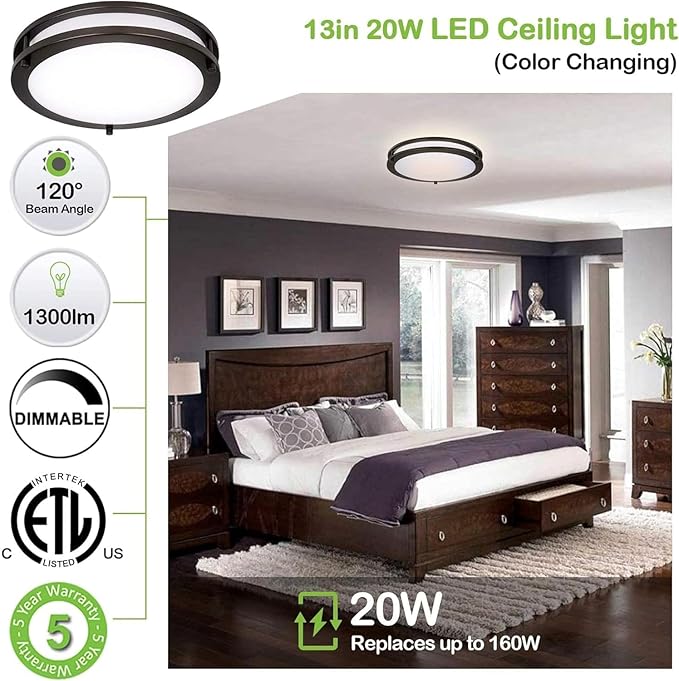 hykolity 13 inch Flush Mount LED Ceiling Light Fixture, 2700K/3000K/3500K/4000K/5000K Adjustable Ceiling Lights, Oil Rubbed Bronze Saturn Dimmable Lighting for Bathroom Kitchen, ETL Listed - 2 Pack