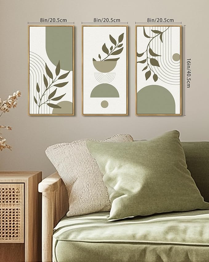 KUVIOKE Boho Light Green Wall Art Framed Botanical Leaf Artwork Minimalist Line Decor for Bathroom Living Room 8x16in3pcs Natural Framed