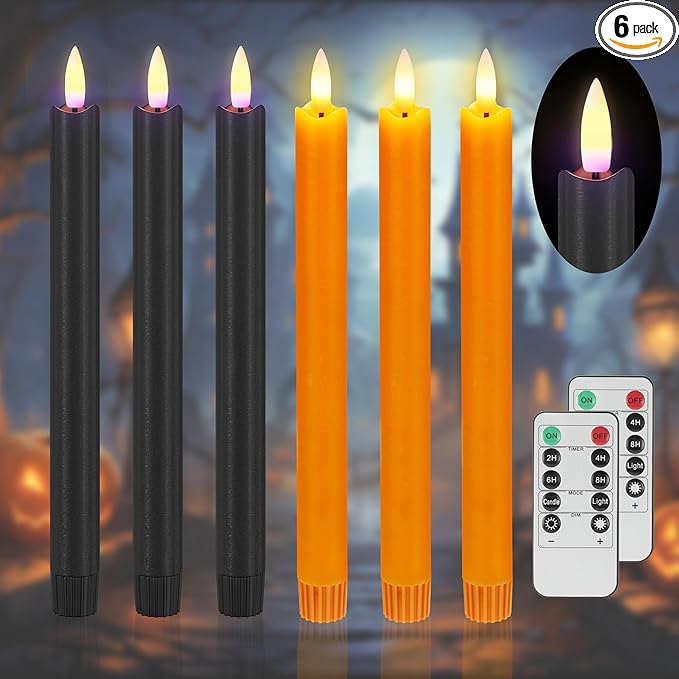 SHENSY Halloween Flameless Taper Candles –6Pack Orange and Black Real Wax LED Candlesticks with 3D Flickering Flame, Battery Operated with Remote & Timer – Spooky Window and Table Decor