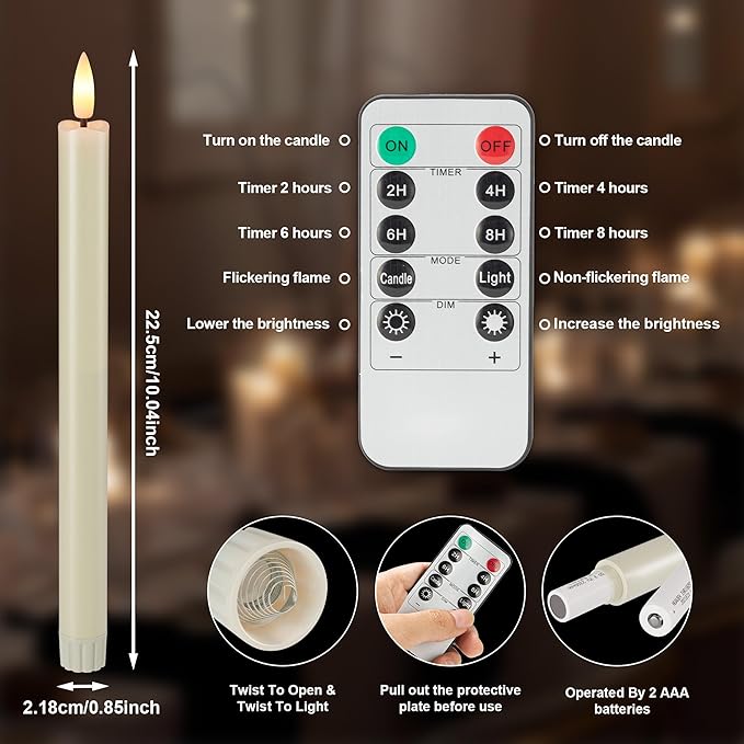 Flameless Taper Candles Battery Operated, Ivory LED Candles with Flickering Flame, 10.23" Plastic Electric Candlesticks, Remote Control & Timer for Home, Wedding, Christmas Decoration (Set of 6)