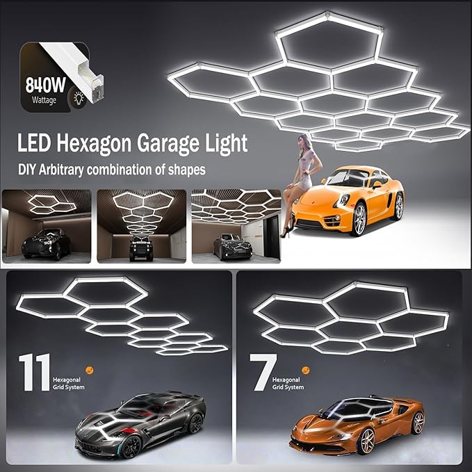 35Lights LED Hexagon Garage Lights,8-Hex Honeycomb Lights 38800Lumens Hexagon DIY Super Bright Car Detailing Ceiling 388W LED Shop Light for Warehouse Workshop Gym Basement