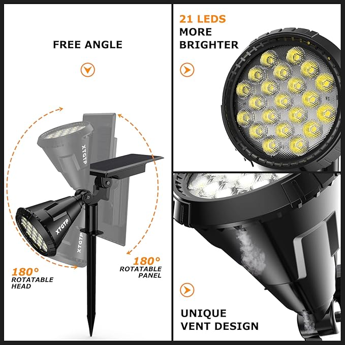 Solar Spot Lights Outdoor, 21 LEDs Solar Outdoor Lights Auto On/Off with 3 Modes, IP67 Waterproof Yard Spotlight Landscape Lighting Garden Wall Lights, 2-in-1 Solar Powered Lights, 2Pack