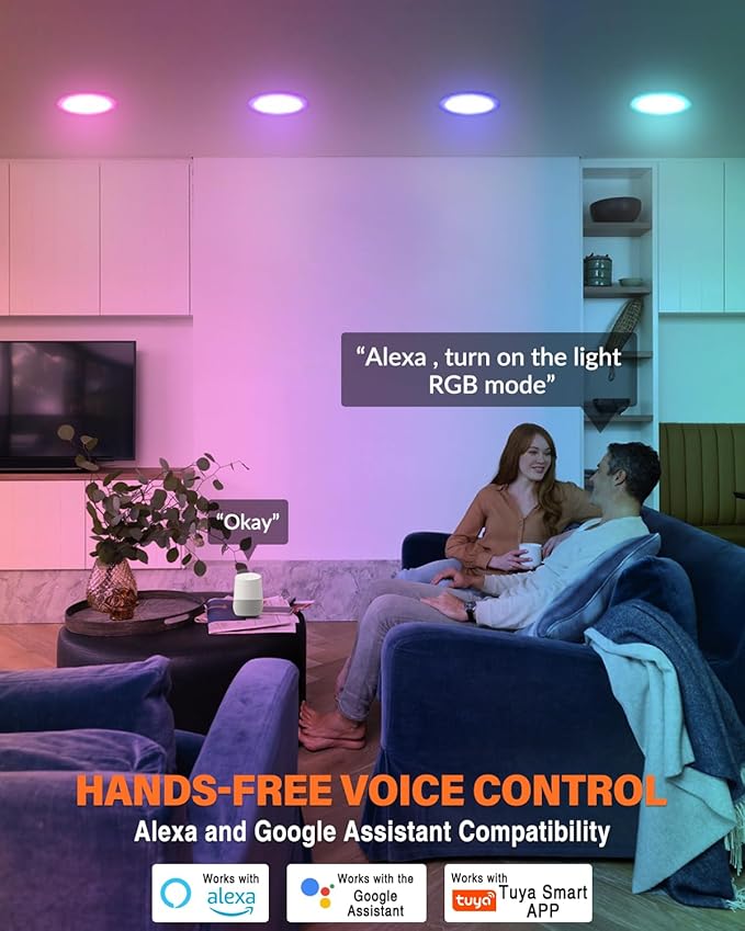 6Pack 6Inch Smart LED RGB Recessed Lighting, Color Changing Canless Downlight, 2700K-6500K, 2.4GHz Wi-Fi & Bluetooth, 12W 1200lm, Works with Tuya App, Alexa & Google Assistant, Gateway Included