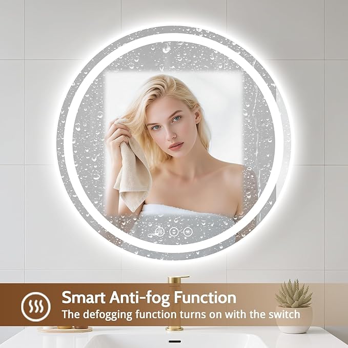 Led Bathroom Mirror with Lights, Anti-Fog & Tri-Color Lighting - Wall Mounted Shaving Mirror with Touch Sensor, Waterproof Smart LED Vanity Mirror Tempered Glass Dimmable (24" L x 24" W)