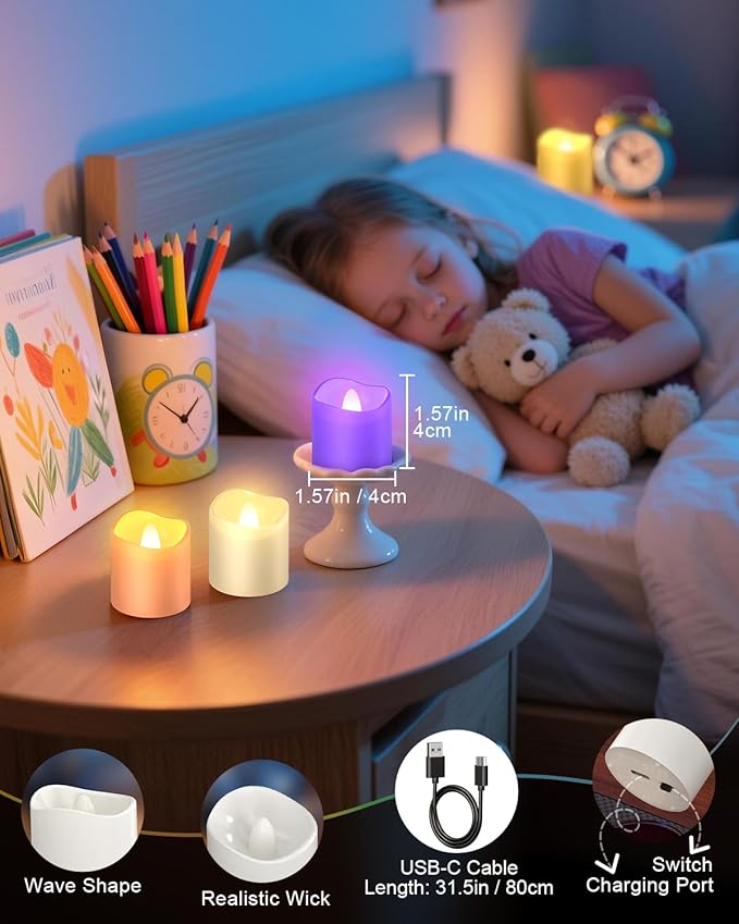 SoulBay Flameless Candles Color Changing Rechargeable, 12pcs LED Flickering Tea Lights Votives Candle with Charging Base & Remote Timer for Room Table Party Halloween Decorations, Multicolor, 1.57"