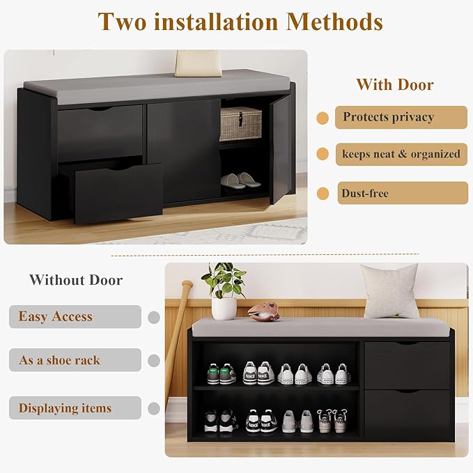 LVB 2-Tier Storage Bench with Padded Seat Cushion, Entryway Bench with 2 Drawers, Removable Barn Doors & Adjustable Shelf, Industrial Shoe Bench for Hallway, Bedroom, Living Room,Black Oak, 40 Inch