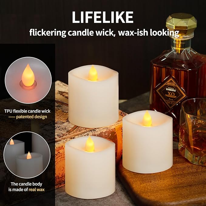 3x3 Flickering Flameless Candles Set of 3, 2AA Battery Life 600 Hours Battery Candles Flickering with Timer,3 inch Flameless Candles with Remote for Indoor/Outdoor, White