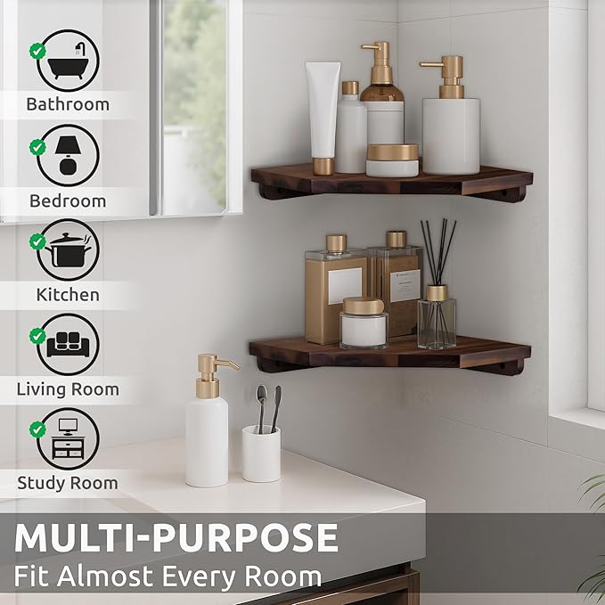 Demigo [Upgraded] Hexagon Corner Floating Shelves Wall Mount (2pcs) – Solid Acacia Wood with Hidden Brackets & Cable Hole – Rustic & Modern Space-Saving Shelves for Bedroom Living Room Office Kitchen