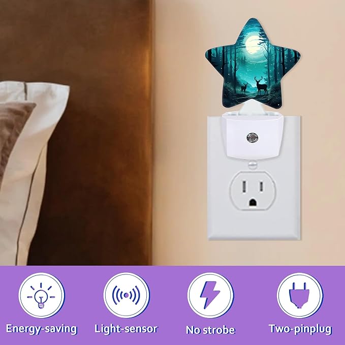 Night Lights Plug Into Wall Decorative,Fantasy Forest Deer Nightlights for Kids Bedroom, Starry Moon Night Energy Efficient Dusk-to-Dawn Sensor Sleep Friendly Lamp for Nursery Bathroom