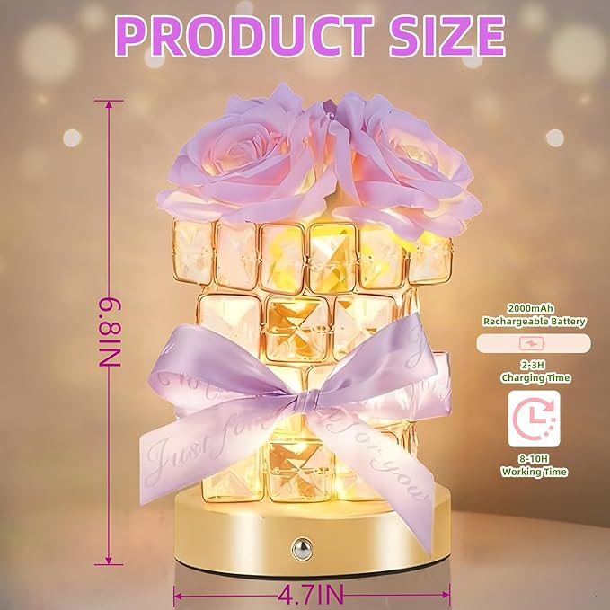 Rose Flower Lamp,Rechargeable Cordless Touch Table Lamp for Bedroom,3-Colour Dimming Flowers Night Light,Crystal Bedside Lamps with USB Charge,Birthday Valentine's Day Gifts for Women,Mom,Wife,Her