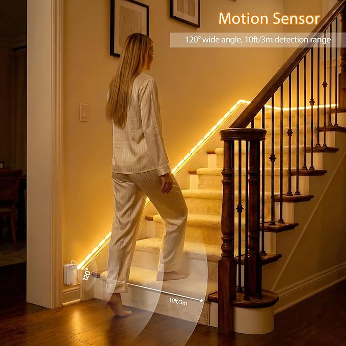 OMIKA COB Motion Sensor LED Strip Light, 6.56ft 640LEDs 2700K Warm White Closet Lights, Rechargeable Stair Strip Lights for Bed, Pantry, Shelves, Cabinet, Locker,2 Pack