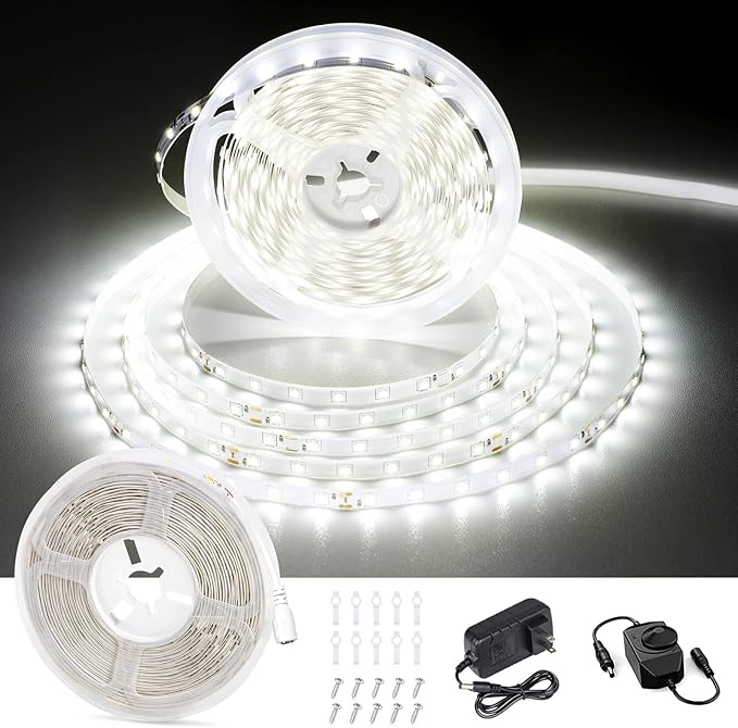 CT CAPETRONIX White LED Strip Light, 32.8 Feet 24 Volt LED Light Strip White, 6000K-6500K Daylight Super Bright LED Tape Light for Bedroom, Kitchen, Closet, Cabinet, Mirror, Indoor（Dimmer Included）