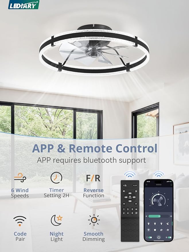 LEDIARY Ceiling Fans with Lights and Remote, 24'' Low Profile Ceiling Fan with Light, 3000-6000K Dimmable Fandelier Ceiling Fans, Modern Flush Mount Fan Light for Bedroom with 6 Wind Speeds- Black