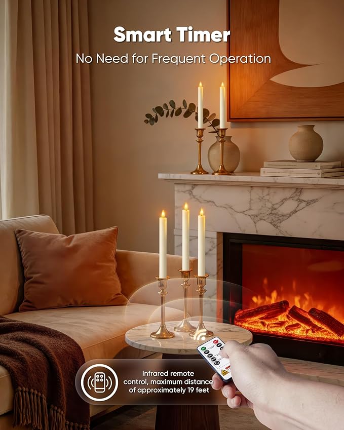 Homemory 24 Pcs Waxy Flameless Taper Candles with Remote, Flickering Battery Operated Taper Candle, Led Flameless Candlesticks Classic Tall Candles for Home, Wedding, Party, White, 9.6 inches