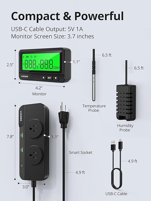 LUXBIRD WiFi Temperature & Humidity Controller LTC-318-W, Smart Thermostat Humidistat Outlet with Split Monitor, Dual-Zone Temperature Humidity, App Control for Grow Tent Greenhouse Reptile Terrarium