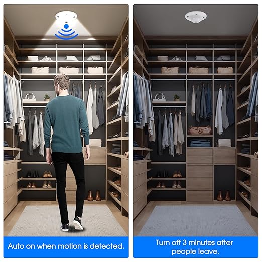 Energetic 4.7 Inch Motion Sensor Closet Ceiling Lights, LED Under Cabinet Lights Wired, Flush Mount Ceiling Lighting Fixtures for Bedroom, Kitchen, Hallway, Wet Location, 120V, 5000K, White, 2 Pack