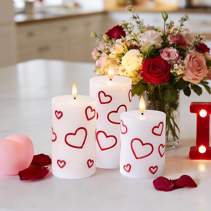 Valentines Day Heart Candles, Real Wax Flameless Pillar Candles with Remote, Real Wax Flickering LED Pillar Candles Valentine's Day Candles Gifts for Her Him Wife Mom Home Party Decor, 3 Pack