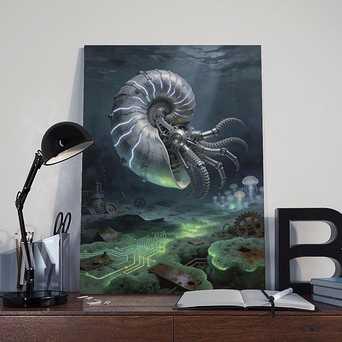 Framed Steampunk Mechanical Nautilus Wall Art - Underwater Industrial Poster for Man Cave Studio Decor 24x36inch(60x90cm)