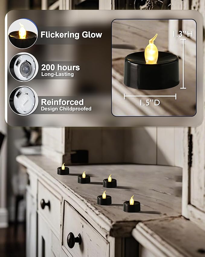 Amagic 30 Pcs Black Flickering Flameless Tea Lights Battery Operated, LED Holiday Fake Candles, 200+ Hours Long Lasting Colored Candle for Halloween, Pumpkin, Ofrenda, Christmas, Party, Home Decor