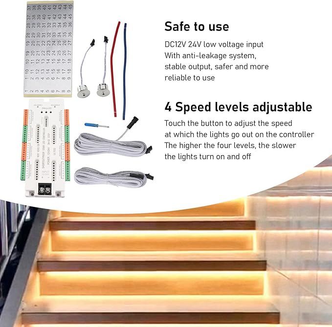 Yunir Motion Sensor LED Stair Light Controller, 32 Channels Intelligent Automatic Staircase Ladder Step Light Controller, Stairway Lighting Controller, for Home, Store DC12V 24V
